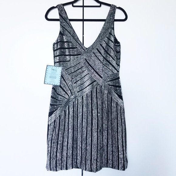 NWT Basix Black Label Sequin Beaded Black and Silver Mini Dress 6 100% Silk - Picture 1 of 5